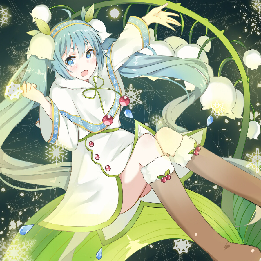 1girl blue_eyes blue_hair blush capelet cherry dress feet_out_of_frame flower food fruit fur-trimmed_boots fur-trimmed_capelet fur_trim hair_flower hair_ornament hands_up hatsune_miku headband knees_together_feet_apart knees_up leaf long_hair outstretched_arm sitting snowbell_(flower) snowflake_print snowflakes solo swon_(joy200892) twintails very_long_hair vocaloid yuki_miku