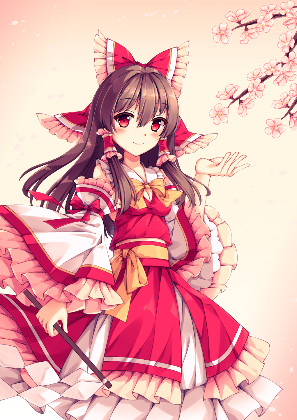 1girl adapted_costume blush bow breasts brown_hair cleavage floating_hair flower frilled_bow frilled_hair_tubes frilled_sleeves frills hair_between_eyes hair_bow hair_tubes hakurei_reimu highres holding layered_skirt long_hair long_skirt long_sleeves looking_at_viewer mechrailgun pink_background pink_flower red_bow red_eyes red_ribbon red_shirt red_skirt ribbon shiny shiny_hair shirt skirt sleeveless sleeveless_shirt small_breasts smile solo standing touhou white_sleeves wide_sleeves yellow_neckwear