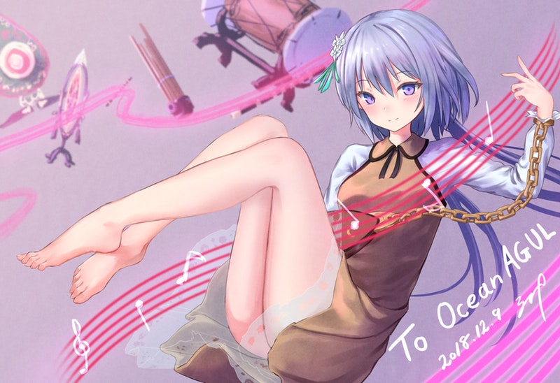 1girl ass bangs bare_legs barefoot breasts brown_dress chains dated dress drum eighth_note eyebrows_visible_through_hair flower full_body hair_between_eyes hair_flower hair_ornament hand_up instrument long_hair looking_at_viewer low_twintails musical_note purple_background purple_hair roke_(taikodon) shirt short_dress simple_background small_breasts smile solo staff_(music) thighs touhou treble_clef tsukumo_benben twintails violet_eyes white_flower white_shirt