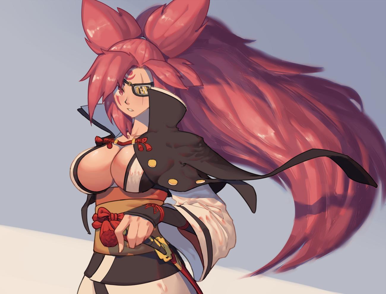 1girl amputee armor baiken big_hair black_kimono breasts commentary english_commentary eyepatch facial_tattoo guilty_gear guilty_gear_xrd hand_on_hilt japanese_armor japanese_clothes kataginu katana kimono kote large_breasts long_hair looking_at_viewer multicolored multicolored_clothes multicolored_kimono no_bra obi one-eyed open_clothes open_kimono pink_eyes pink_hair ponytail sash scar scar_across_eye sheath solo suwaiya sword tattoo two_side_up very_long_hair weapon white_kimono