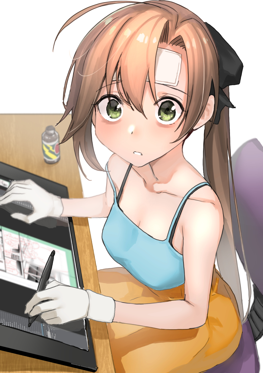 1girl akigumo_(kantai_collection) bags_under_eyes brown_hair chair commentary_request cooling_pad desk drawing_tablet energy_drink gloves green_eyes hair_ribbon highres holding holding_stylus kantai_collection long_hair looking_at_viewer masukuza_j off_shoulder office_chair ponytail ribbon simple_background solo stylus tablet_pc tank_top white_background