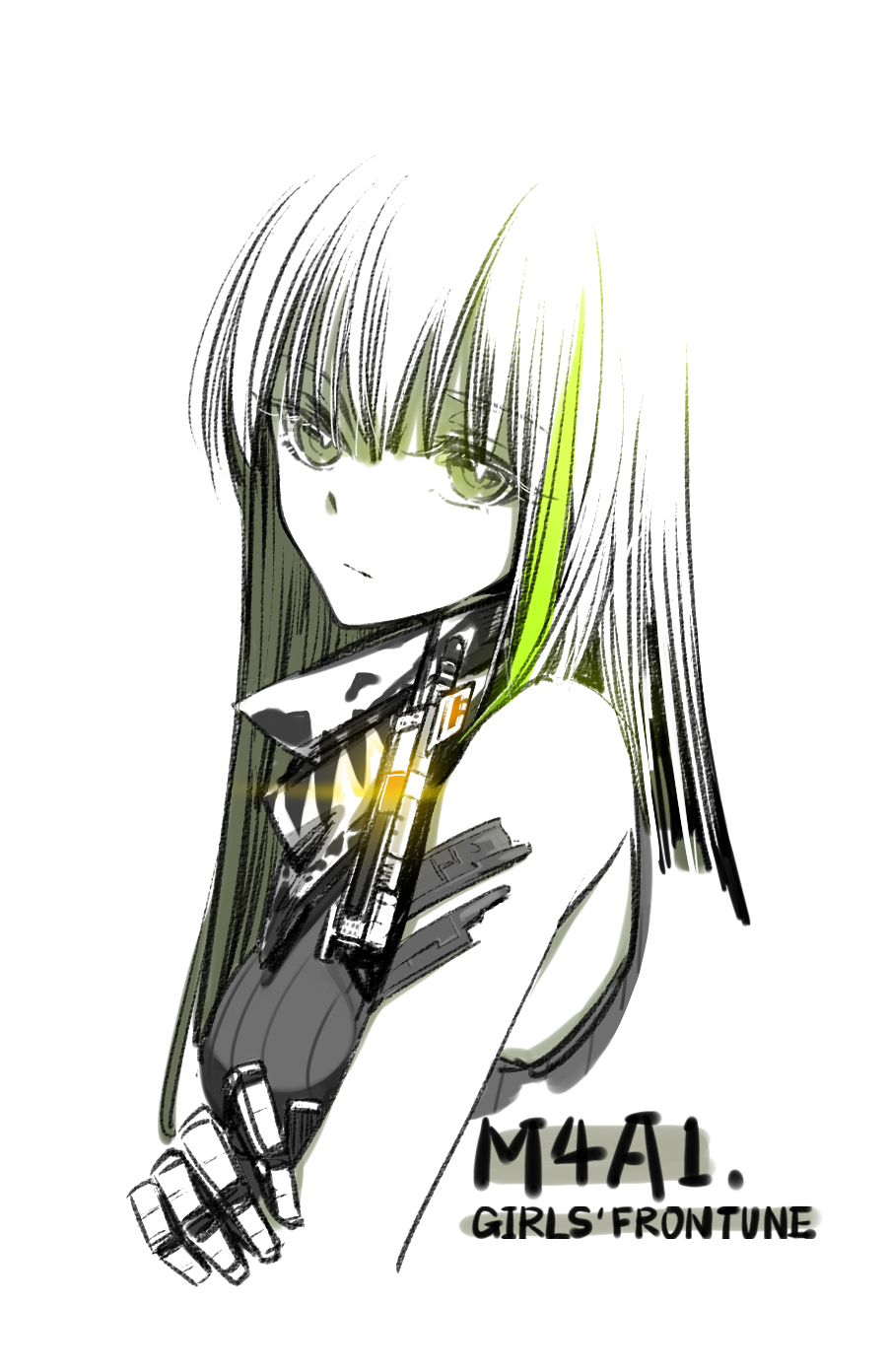 1girl black_leotard character_name chinese_commentary closed_mouth commentary_request copyright_name expressionless from_side girls_frontline gloves green_hair hand_on_own_arm highres leotard long_hair looking_at_viewer looking_to_the_side m4a1_(girls'_frontline) mask multicolored_hair simple_background skull_mask sleeveless solo spot_color streaked_hair su_xiao_jei white_background