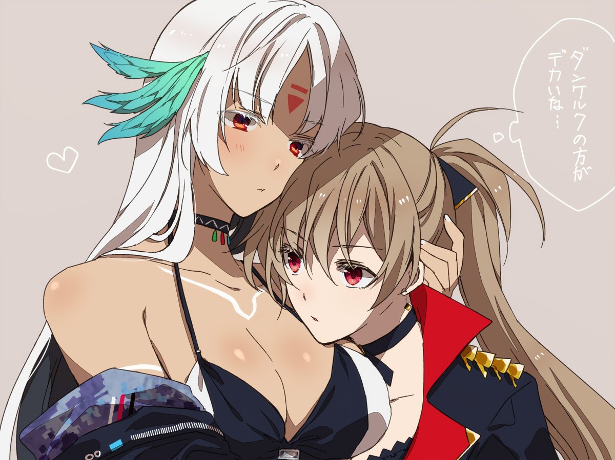 2girls amazuki_jou azur_lane bangs bare_shoulders breasts brown_hair cleavage closed_mouth collar collarbone commentary_request dark_skin earrings eyebrows eyebrows_visible_through_hair eyes_visible_through_hair feather_hair_ornament grey_background heart hug jean_bart_(azur_lane) jewelry large_breasts long_hair massachusetts_(azur_lane) multiple_girls native_american ponytail red_eyes simple_background thought_bubble translation_request upper_body white_hair yuri