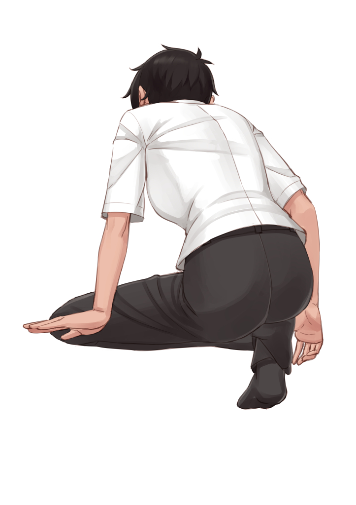 1girl ass black_hair black_legwear black_pants easy_(aqk7bdqt) facing_away kurobe_natsumi_(shiromanta) no_shoes pants senpai_ga_uzai_kouhai_no_hanashi shirt short_hair short_sleeves solo white_background white_shirt