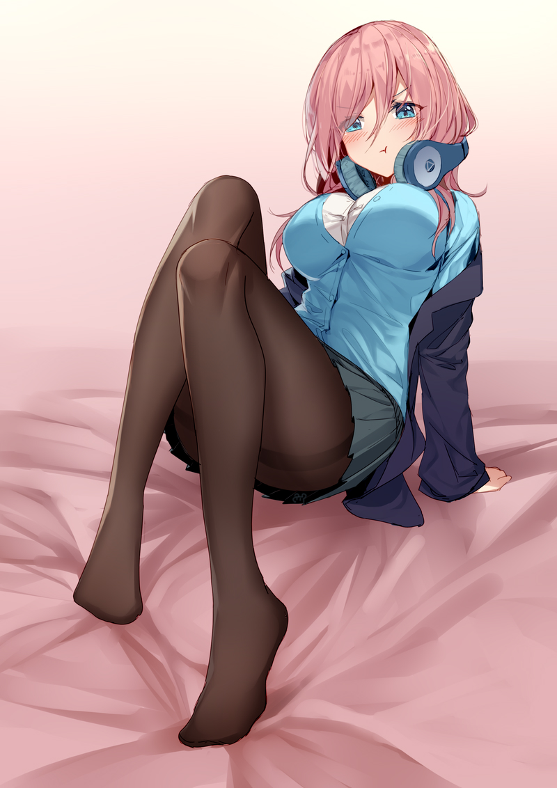 1girl :t arm_support ass bangs bed_sheet bison_cangshu blazer blue_cardigan blue_eyes blue_jacket blush breasts brown_legwear buttons closed_mouth full_body go-toubun_no_hanayome grey_skirt hair_between_eyes headphones headphones_around_neck jacket knees_up large_breasts long_hair long_sleeves looking_at_viewer miniskirt nakano_miku no_shoes off_shoulder open_clothes open_jacket pantyhose pink_hair pleated_skirt pout reclining school_uniform shirt skirt sleeves_past_wrists solo thighband_pantyhose undershirt v-shaped_eyebrows white_shirt wing_collar