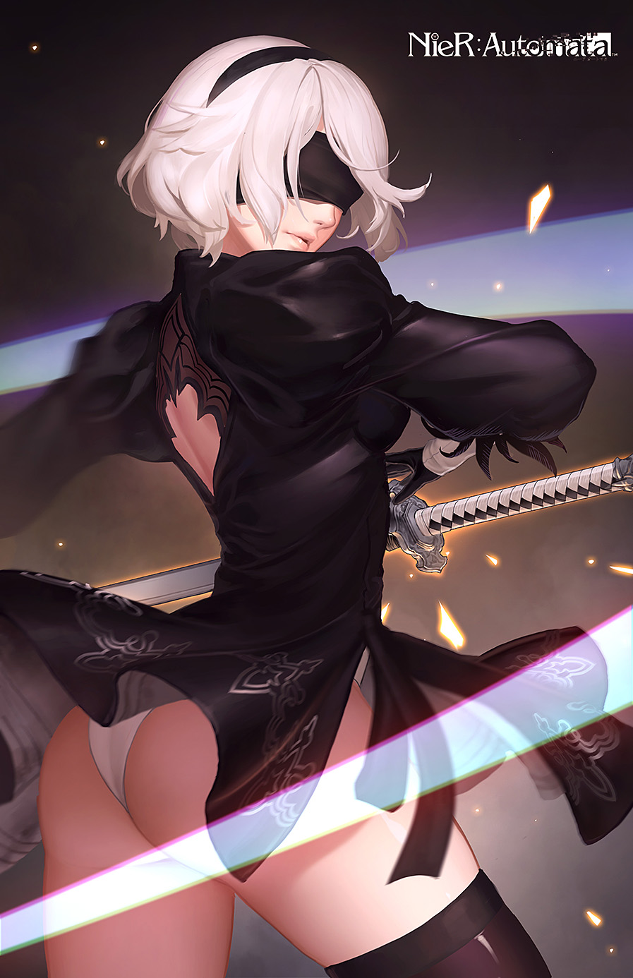 1girl ass back_cutout black_blindfold black_dress black_hairband blindfold breasts commentary_request covered_eyes dress feather-trimmed_sleeves gloves hairband highleg highleg_leotard highres juliet_sleeves leotard long_sleeves medium_breasts nier_(series) nier_automata pink_lips puffy_sleeves renyu1012 silver_hair sword thigh-highs thighs upskirt vambraces weapon white_hair white_leotard yorha_no._2_type_b