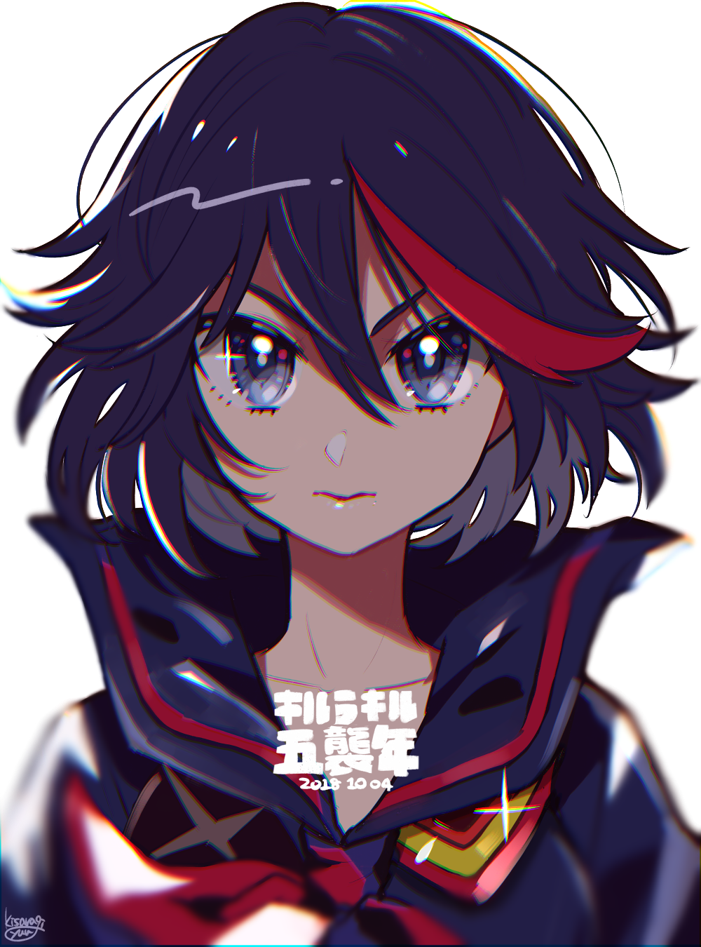 1girl black_eyes black_hair blurry chromatic_aberration dated hair_between_eyes highres kill_la_kill kisaragi_yuu_(fallen_sky) looking_at_viewer matoi_ryuuko multicolored_hair portrait redhead senketsu short_hair signature solo sparkle streaked_hair two-tone_hair