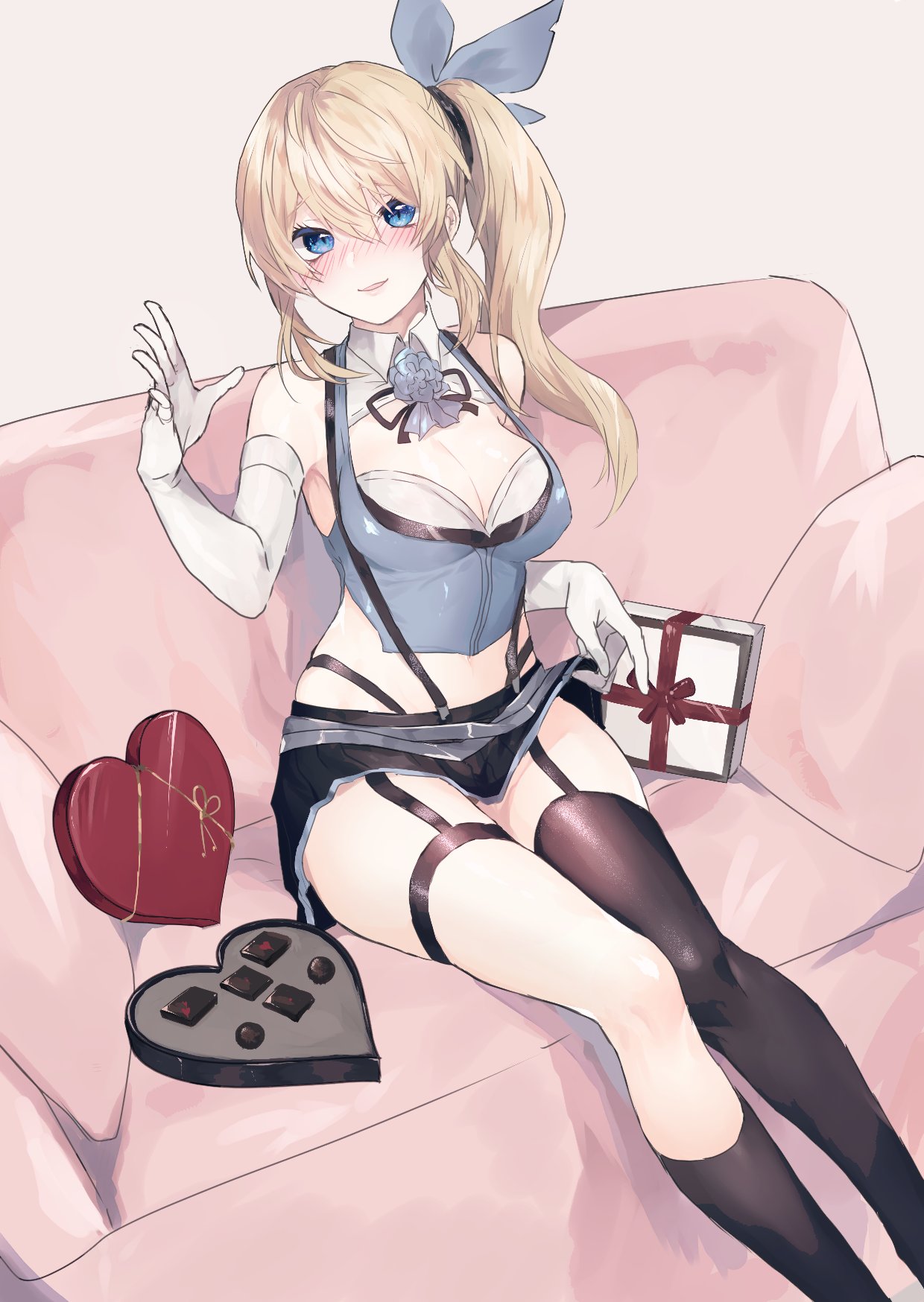 1girl bare_shoulders black_skirt blonde_hair blue_eyes blush box_of_chocolates breasts chocolate cleavage commentary_request couch elbow_gloves eyebrows_visible_through_hair gift gloves hair_between_eyes hair_ribbon heart highres kiyomasa_(dangan) large_breasts long_hair looking_at_viewer miniskirt mirai_akari mirai_akari_project mismatched_legwear ribbon side_ponytail simple_background sitting skirt skirt_lift smile solo thigh-highs virtual_youtuber white_background white_gloves