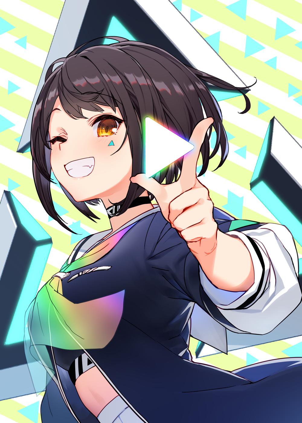 1girl bangs black_choker black_hair blue_jacket blush choker commentary floating floating_object grin highres holding izumi_sai jacket looking_at_viewer midriff one_eye_closed patterned_background rainbow_neckwear sailor_collar see-through short_sleeves skirt smile solo striped striped_background teeth towa_kiseki towa_kiseki_(channel) triangle upper_body virtual_youtuber white_skirt yellow_eyes