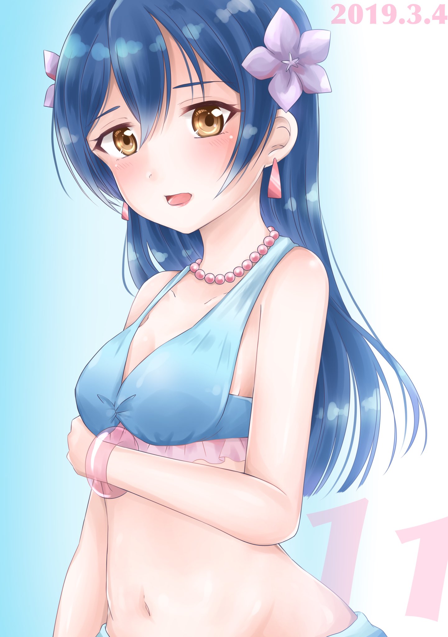 1girl bangs bikini blue_hair blush bracelet commentary_request dated eyebrows_visible_through_hair flower frilled_bikini frills hair_between_eyes hair_flower hair_ornament hibiscus highres jewelry long_hair looking_at_viewer love_live! love_live!_school_idol_project natsuiro_egao_de_1_2_jump! necklace open_mouth rin5325 solo sonoda_umi swimsuit upper_body yellow_eyes