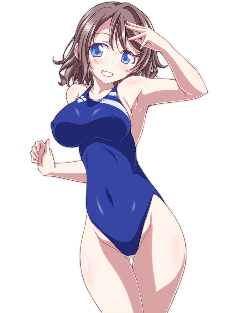 1girl bangs blue_eyes blue_swimsuit breasts commentary_request competition_swimsuit covered_navel cowboy_shot erect_nipples eyebrows_visible_through_hair gluteal_fold grey_hair hand_in_hair highleg highleg_swimsuit kikuchi_tsutomu light_blush looking_at_viewer love_live! love_live!_sunshine!! medium_breasts medium_hair one-piece_swimsuit salute simple_background smile solo standing swimsuit takami_chika thigh_gap thighs watanabe_you white_background