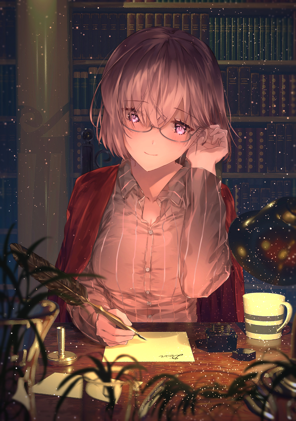 1girl adjusting_hair alternate_costume bangs black-framed_eyewear blush book bookshelf breasts buttons chair closed_mouth collarbone collared_shirt commentary_request cup desk_lamp eyebrows_visible_through_hair eyes_visible_through_hair fate/grand_order fate_(series) feathers glasses hair_between_eyes hair_over_one_eye highres holding indoors ink ink_bottle lamp large_breasts leaf looking_at_viewer mash_kyrielight minami_leo paper pink_hair plant quill shirt short_hair sitting smile solo violet_eyes writing