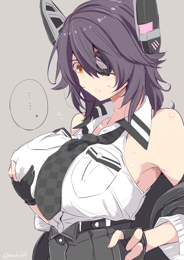 ... 1girl bare_shoulders black_gloves black_legwear black_skirt blush breast_hold breasts checkered checkered_neckwear closed_mouth eyepatch flying_sweatdrops gloves grey_background hair_between_eyes headgear jacket kantai_collection kichihachi large_breasts looking_down necktie off_shoulder orange_eyes partly_fingerless_gloves pocket purple_hair remodel_(kantai_collection) shirt simple_background skirt sleeveless sleeveless_shirt solo sweatdrop tenryuu_(kantai_collection) twitter_username upper_body