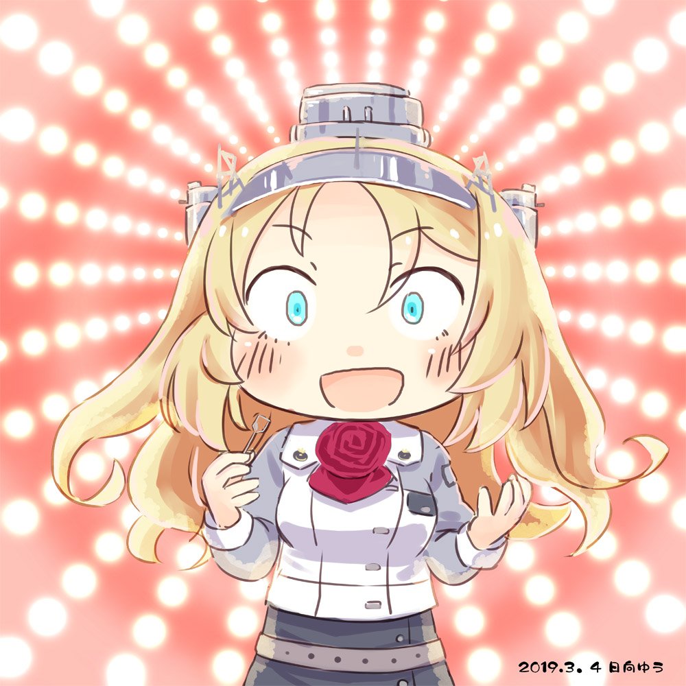 1girl ascot blonde_hair blue_eyes commentary_request cowboy_shot dilated_pupils flower headgear hinata_yuu kantai_collection long_hair long_sleeves military military_uniform nelson_(kantai_collection) open_mouth orb pencil_skirt red_flower red_neckwear red_rose rose skirt smile solo spoon uniform