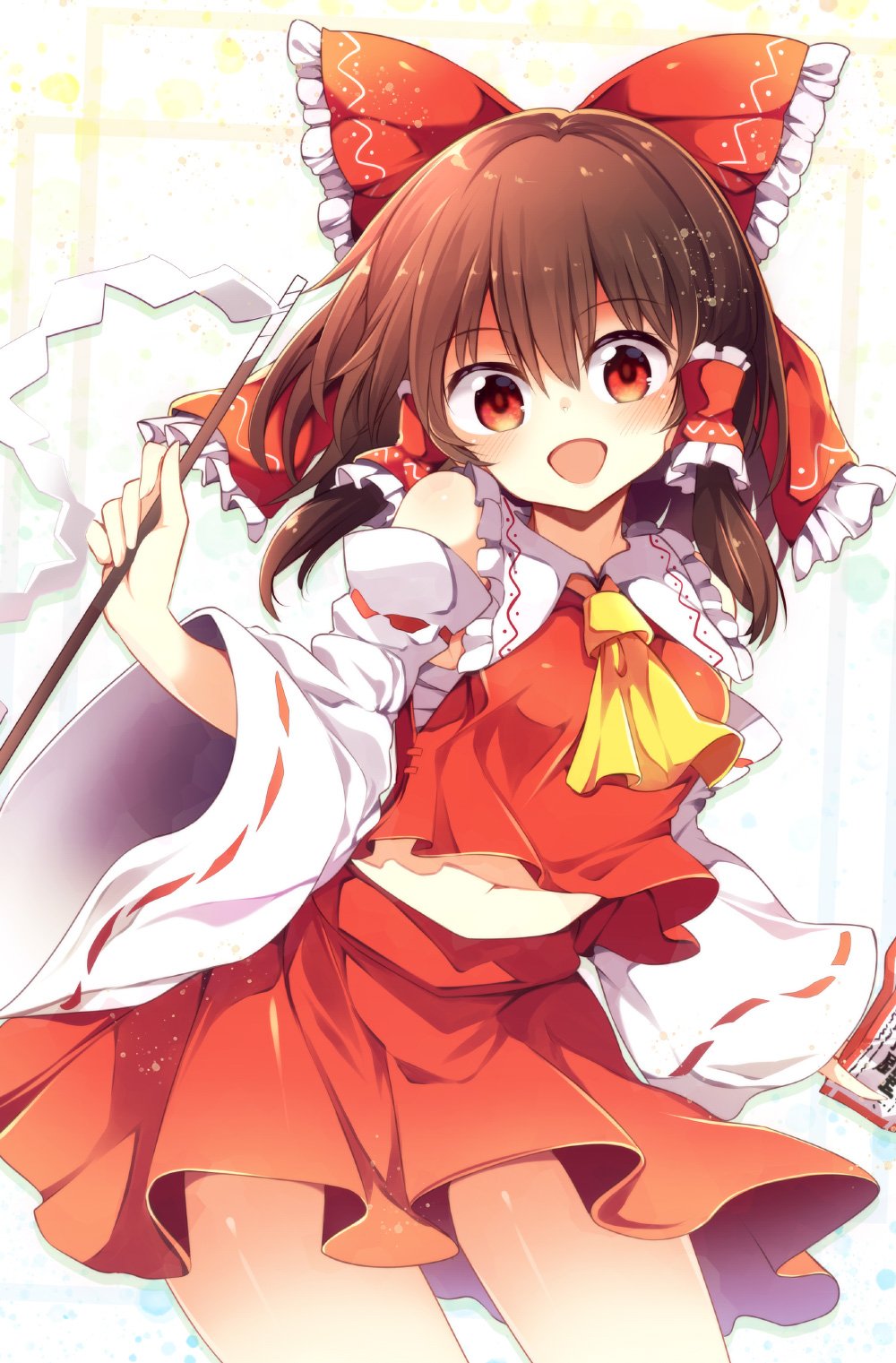 1girl ascot bangs bare_shoulders blush bow breasts brown_hair commentary_request cowboy_shot detached_sleeves eyebrows_visible_through_hair frilled_bow frilled_shirt_collar frills gohei hair_between_eyes hair_bow hair_tubes hakurei_reimu hand_up head_tilt highres holding long_sleeves looking_at_viewer maturiuta_sorato medium_breasts midriff navel ofuda open_mouth red_bow red_eyes red_skirt ribbon-trimmed_sleeves ribbon_trim sarashi shide short_hair sidelocks skirt skirt_lift smile solo standing stomach thighs touhou white_background wide_sleeves yellow_neckwear