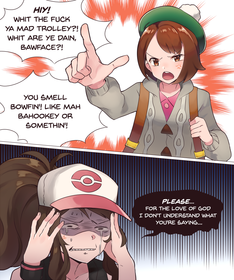 2girls anger_vein angry baseball_cap black_vest brown_eyes brown_hair clenched_teeth comic creatures_(company) crying crying_with_eyes_open english_text female_protagonist_(pokemon_swsh) frustrated furrowed_eyebrows game_freak green_hat hands_on_own_head hat high_ponytail long_hair multiple_girls nintendo numbers_(boars) open_mouth pointing pokemon pokemon_(game) pokemon_bw pokemon_swsh shaded_face shirt short_hair sidelocks sleeveless sleeveless_shirt streaming_tears tam_o'_shanter tears teeth touko_(pokemon) vest wristband