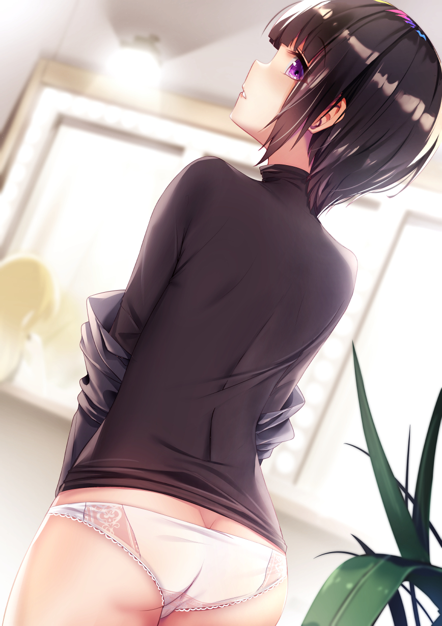 1girl ass bangs black_shirt blurry blurry_background brown_hair butt_crack commentary_request depth_of_field dutch_angle eyebrows_visible_through_hair from_behind highres idolmaster idolmaster_cinderella_girls indoors long_sleeves looking_at_viewer looking_back no_pants panties parted_lips plant revision shirayuki_chiyo shirt solo underwear violet_eyes wall_lamp white_panties window yan_(nicknikg)