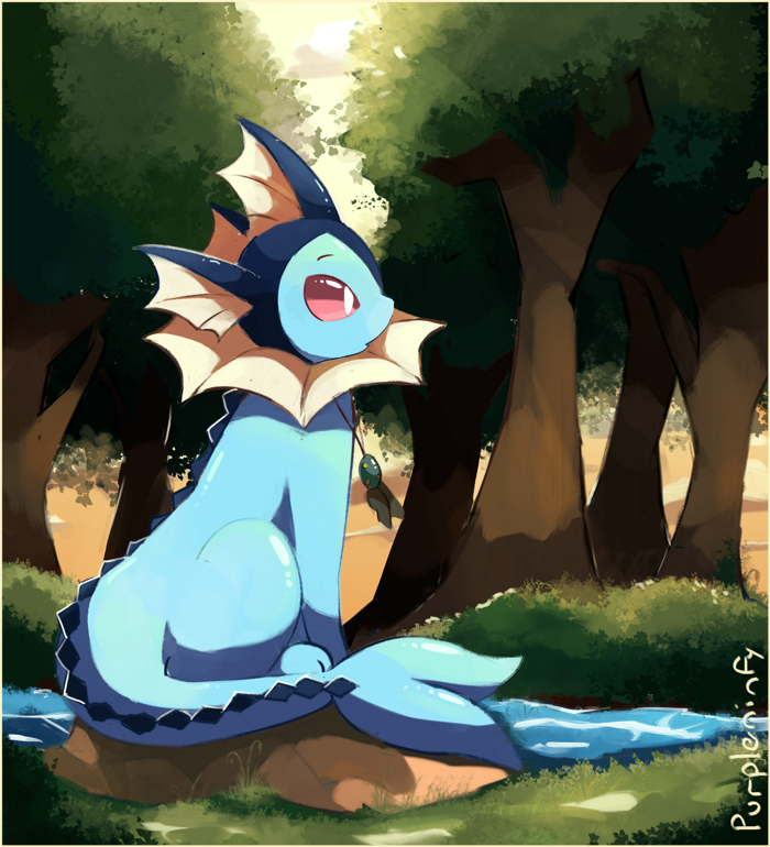 amulet artist_name commentary creatures_(company) english_commentary forest game_freak gen_1_pokemon grass jewelry looking_to_the_side nature necklace nintendo no_humans outdoors pokemon purpleninfy red_eyes river sitting sunlight tree vaporeon water