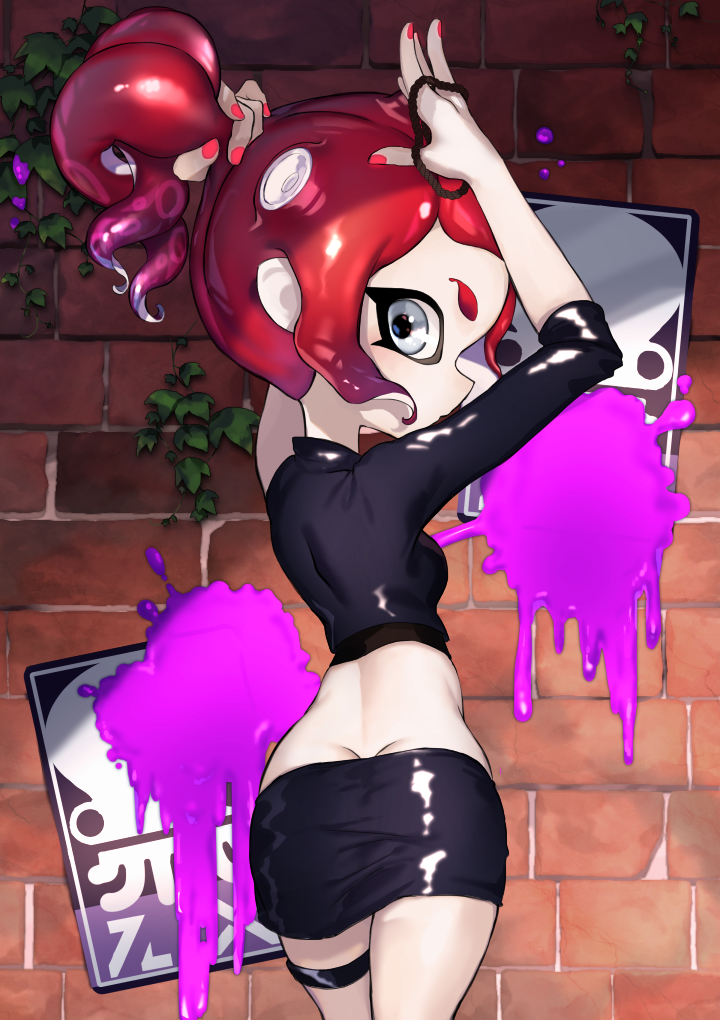 1girl agent_8 amatcha arms_up ass black_skirt breasts brick_wall butt_crack cowboy_shot fingernails grey_eyes hair_tie ivy legs_together looking_at_viewer looking_back miniskirt nail_polish nintendo octarian octoling paint poster_(object) red_nails redhead short_hair single_sleeve skirt sleeves_past_elbows small_breasts solo splatoon splatoon_(series) splatoon_2 splatoon_2:_octo_expansion suction_cups tentacle_hair thigh_strap tying_hair