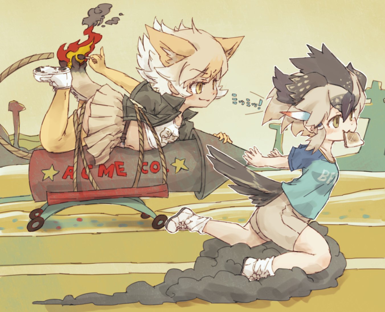 2girls :3 bird_tail bird_wings black_hair blonde_hair commentary coyote_(kemono_friends) coyote_ears coyote_tail crop_top extra_ears fire food food_in_mouth fuse greater_roadrunner_(kemono_friends) grey_hair head_wings jacket kemono_friends kolshica midriff mouth_hold multicolored_hair multiple_girls rock running shirt shoes short_hair short_sleeves shorts sneakers t-shirt thigh-highs toast toast_in_mouth wings yellow_eyes zettai_ryouiki