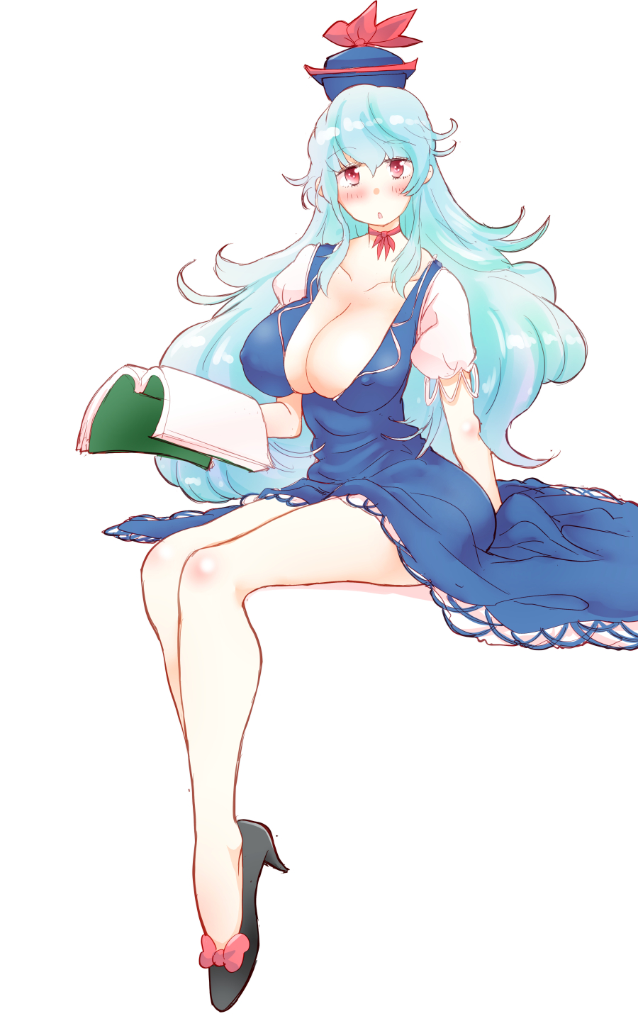 1girl :o bare_legs black_footwear blue_eyes blue_hair blush book breasts bursting_breasts collarbone erect_nipples eyebrows_visible_through_hair hat highres kamishirasawa_keine large_breasts long_hair looking_at_viewer neck_ribbon no_bra non_(z-art) puffy_short_sleeves puffy_sleeves red_eyes ribbon shoe_ribbon shoes short_sleeves simple_background sitting skirt skirt_set solo touhou very_long_hair wavy_hair white_background