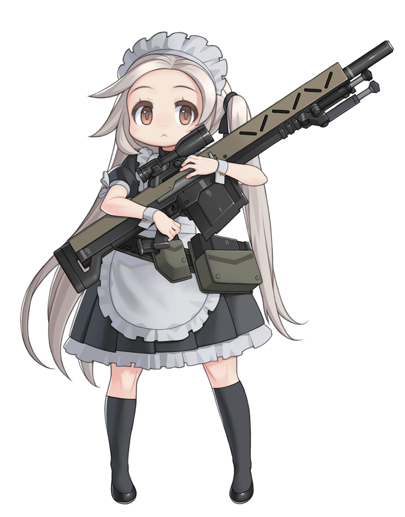 1girl :&lt; apron bipod black_legwear brown_eyes commentary gun handgun holding holding_gun holding_weapon holstered_weapon kneehighs long_hair maid maid_apron maid_headdress original pistol ran_system rifle scope silver_hair sniper_rifle solo twintails very_long_hair weapon white_background