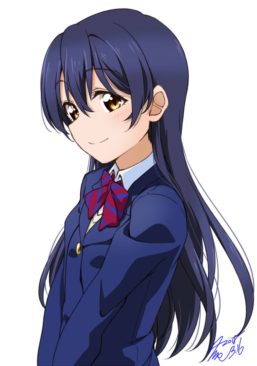 1girl bangs blazer blue_hair blush bow bowtie closed_mouth commentary_request eyebrows_visible_through_hair from_side hair_between_eyes highres jacket long_hair long_sleeves looking_at_viewer love_live! love_live!_school_idol_project otonokizaka_school_uniform red_neckwear school_uniform simple_background smile solo sonoda_umi striped striped_neckwear takeya_yuuki white_background