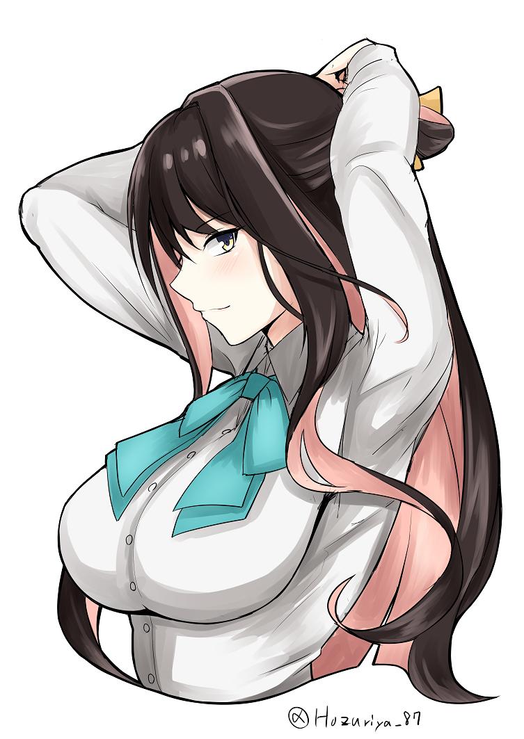 1girl aqua_neckwear arms_up black_hair breasts commentary_request cropped_torso dial16yoi dress_shirt hair_ribbon kantai_collection large_breasts long_hair looking_at_viewer multicolored_hair naganami_(kantai_collection) pink_hair profile ribbon school_uniform shirt smile solo twitter_username two-tone_hair tying_hair upper_body wavy_hair yellow_eyes