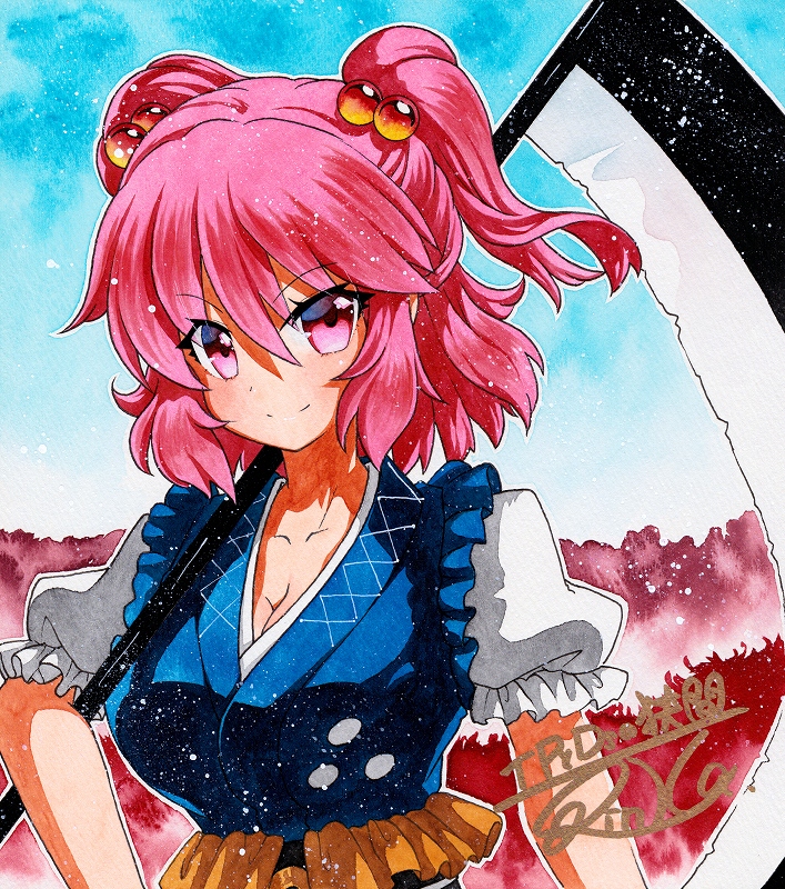 1girl blue_sky breasts carrying cherry_blossoms cleavage day dress eyebrows_visible_through_hair hair_between_eyes hair_bobbles hair_ornament head_tilt holding holding_scythe large_breasts layered_dress looking_at_viewer onozuka_komachi outdoors pink_eyes pink_hair puffy_short_sleeves puffy_sleeves qqqrinkappp scythe short_hair short_sleeves shoulder_carry sky smile solo standing touhou traditional_media tree twintails upper_body