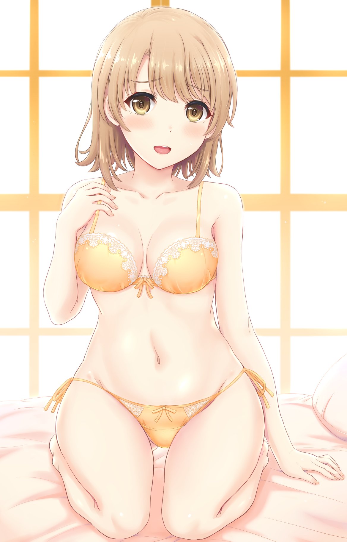 1girl :d barefoot blush bra breasts brown_eyes brown_hair cleavage collarbone eyebrows_visible_through_hair futon gluteal_fold highres inanaki_shiki isshiki_iroha kneeling looking_at_viewer medium_breasts open_mouth panties ribbon shiny shiny_hair short_hair side-tie_panties smile solo thigh_gap underwear underwear_only yahari_ore_no_seishun_lovecome_wa_machigatteiru. yellow_bra yellow_panties yellow_ribbon