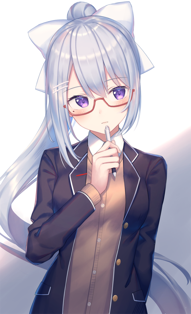 1girl bangs blazer blush bow cardigan closed_mouth glasses hair_ornament hairclip higuchi_kaede holding holding_pen jacket kawami_nami long_hair looking_away mole mole_under_eye nijisanji pen ponytail school_uniform silver_hair solo upper_body very_long_hair violet_eyes virtual_youtuber white_bow