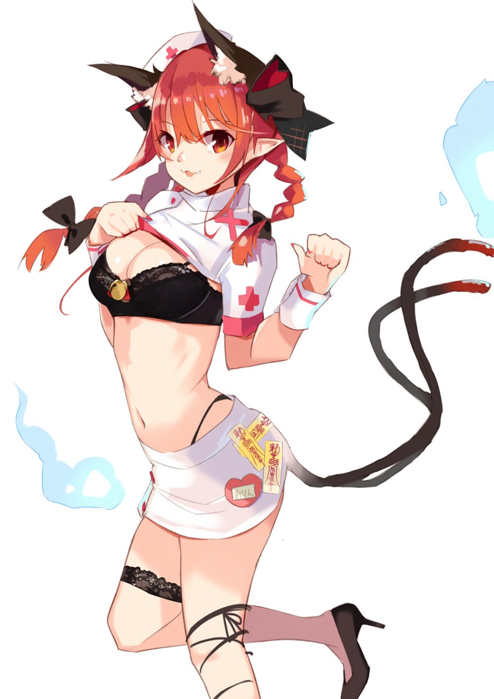 1girl :3 alternate_costume animal_ear_fluff animal_ears bangs bare_legs bell black_bow black_bra black_footwear black_panties black_ribbon bow bra braid breasts cat_ears cat_tail clenched_hand commentary_request eyebrows_visible_through_hair fang feet_out_of_frame fingernails flush hair_between_eyes hair_bow hand_up hat heart high_heels highleg highleg_panties highres hitodama jingle_bell kaenbyou_rin large_breasts leg_ribbon lifted_by_self long_hair looking_at_viewer miniskirt multiple_tails nail_polish navel nekomata nurse nurse_cap panties parted_lips pencil_skirt pointy_ears red_cross red_eyes red_nails redhead ribbon sharp_fingernails shirt shirt_lift short_sleeves simple_background skirt solo standing standing_on_one_leg stomach tail tetsurou_(fe+) thigh_strap thighs touhou twin_braids twintails two_tails underwear white_background white_shirt white_skirt wrist_cuffs
