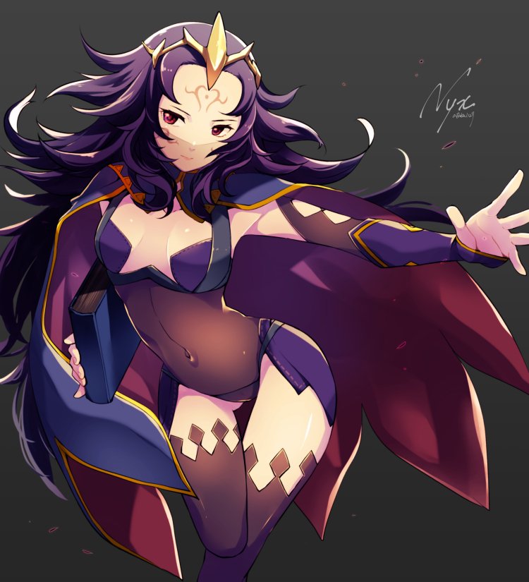 1girl ataka_takeru black_hair black_legwear bodysuit book breasts cape character_name closed_mouth covered_navel facial_mark fire_emblem fire_emblem_if forehead_mark grey_background hair_ornament holding holding_book long_hair navel nintendo nyx_(fire_emblem_if) red_eyes revealing_clothes simple_background small_breasts solo thigh-highs
