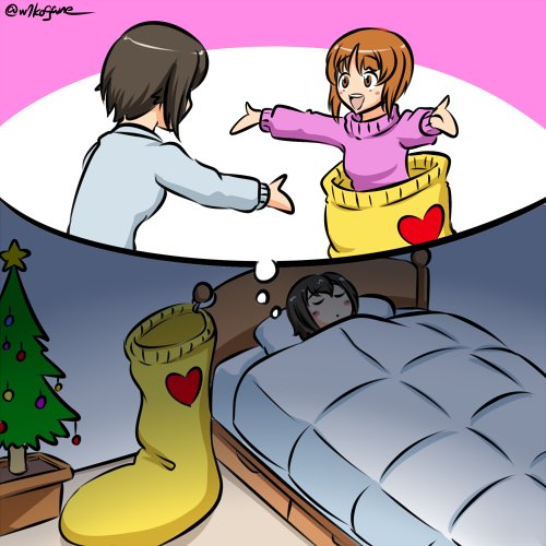 2girls bangs bed bedroom brown_eyes brown_hair christmas_stocking christmas_tree commentary dreaming eyebrows_visible_through_hair girls_und_panzer indoors kogane_(staygold) long_sleeves looking_at_another lowres lying multiple_girls nishizumi_maho nishizumi_miho on_back open_mouth outstretched_arms purple_sweater short_hair siblings sisters smile standing sweater thought_bubble twitter_username white_sweater