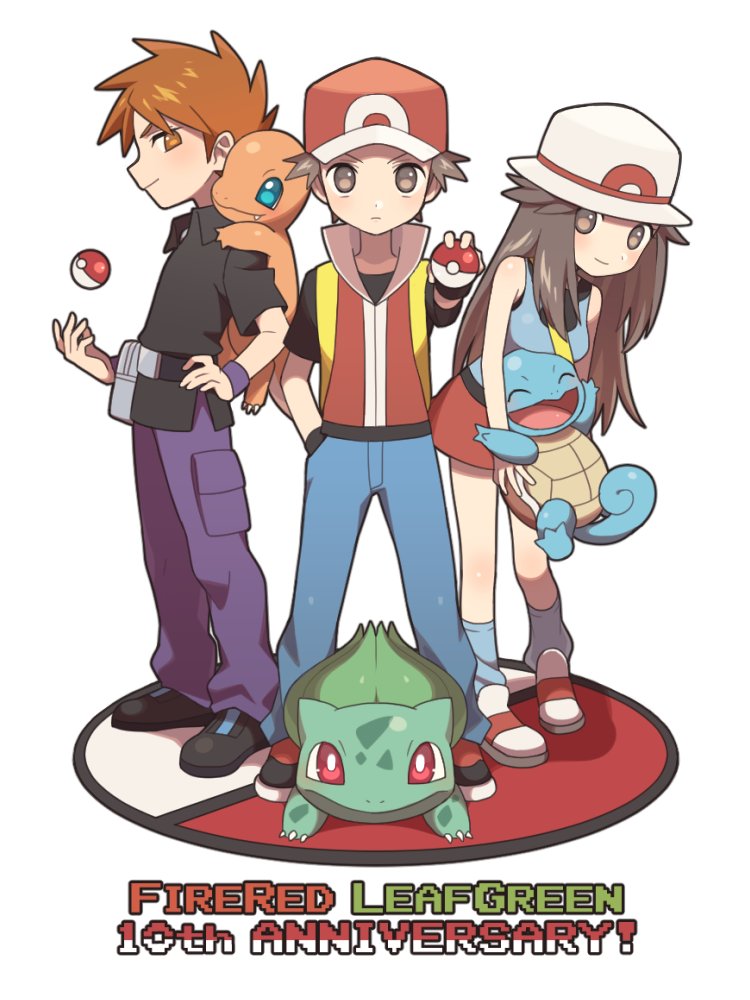 1girl 2boys :d ^_^ agata_(agatha) anniversary ball baseball_cap black_footwear black_shirt blue_(pokemon) blue_pants blue_shirt breasts brown_eyes brown_hair claws closed_eyes closed_eyes collared_shirt copyright_name creature creatures_(company) fang full_body game_freak gen_1_pokemon hand_in_pocket happy hat holding holding_ball holding_poke_ball holding_pokemon long_hair looking_at_viewer miniskirt multiple_boys nintendo ookido_green open_mouth pants poke_ball poke_ball_(generic) poke_ball_theme pokemon pokemon_(creature) pokemon_(game) pokemon_frlg pokemon_on_shoulder pokemon_trainer purple_pants red_(pokemon) red_eyes red_skirt serious shirt simple_background skirt sleeveless sleeveless_shirt small_breasts smile spiky_hair standing white_background white_footwear white_hat