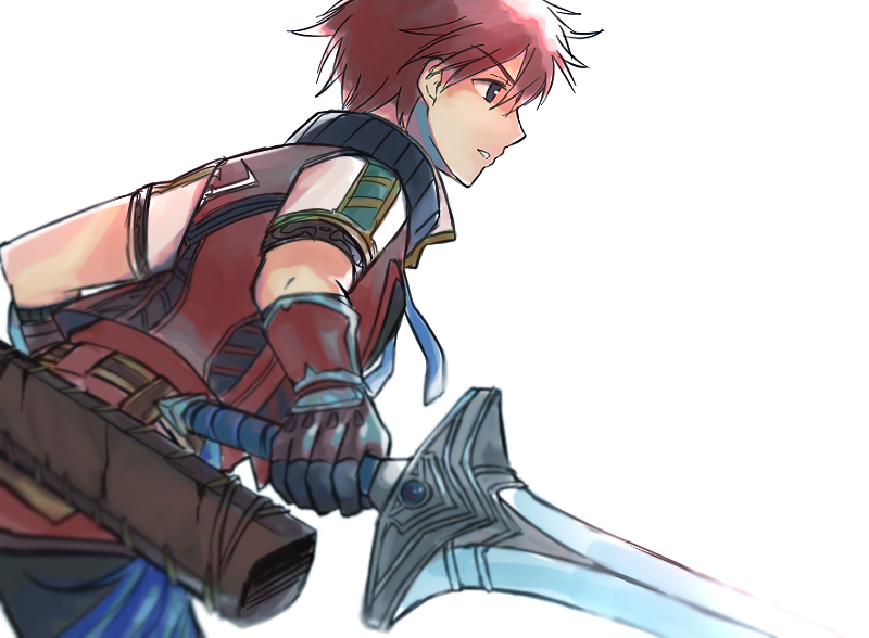 1boy adol_christin black_eyes black_pants from_behind gloves holding holding_sword holding_weapon kumakosion male_focus pants sheath short_hair short_sleeves simple_background solo sword unsheathed weapon white_background ys ys_viii_lacrimosa_of_dana