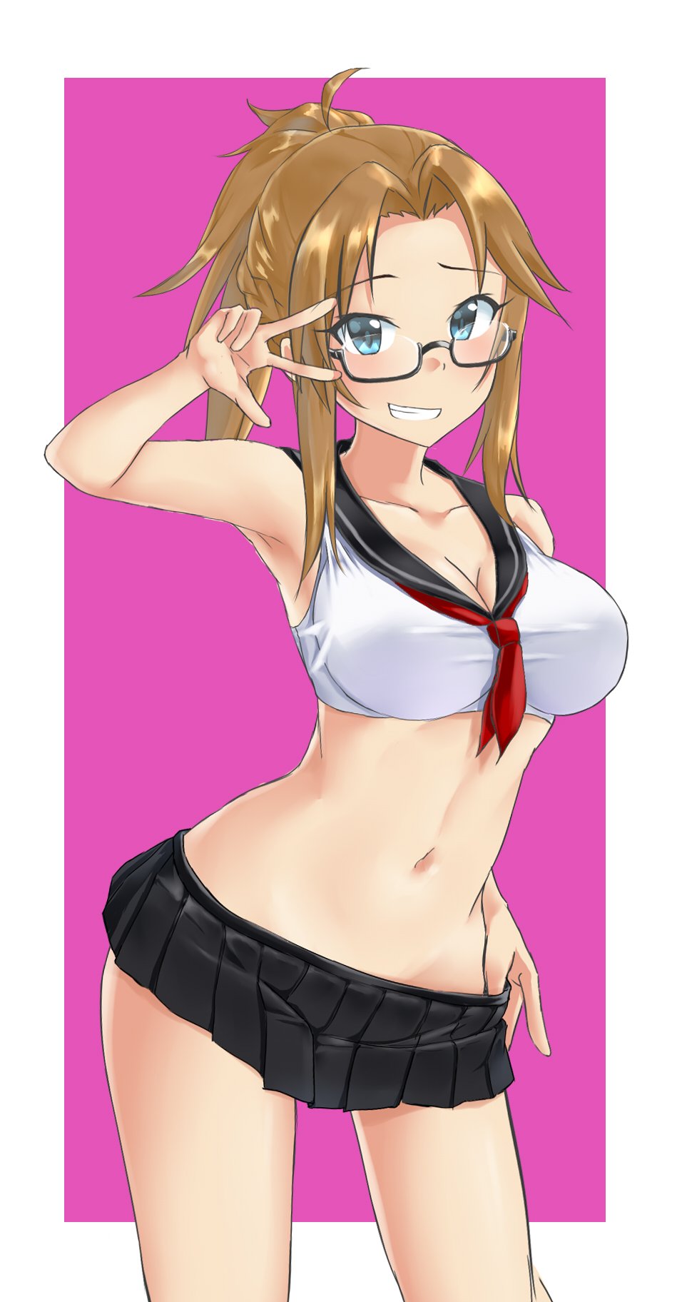 1girl :d ahoge aimobake alternate_hairstyle armpits bangs bare_arms bare_shoulders bespectacled black-framed_eyewear black_sailor_collar black_skirt blue_eyes braid breasts brown_hair cleavage collarbone commentary_request contrapposto cowboy_shot crop_top french_braid glasses grin hand_up highres idolmaster idolmaster_cinderella_girls long_hair looking_at_viewer matsumoto_sarina medium_breasts microskirt midriff navel necktie open_mouth parted_bangs pink_background pleated_skirt ponytail red_neckwear sailor_collar school_uniform semi-rimless_eyewear serafuku shirt short_necktie sidelocks skirt sleeveless sleeveless_shirt smile solo standing stomach taut_clothes thighs two-tone_background under-rim_eyewear w white_background white_shirt