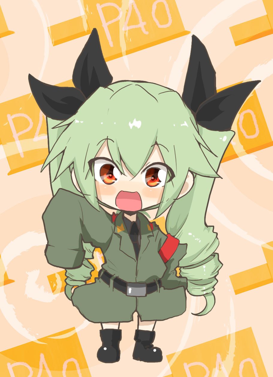 1girl :d anchovy anzio_military_uniform bangs belt black_belt black_footwear black_neckwear black_shirt blush_stickers boots box cardboard_box child commentary dress_shirt drill_hair eyebrows_visible_through_hair full_body girls_und_panzer green_hair grey_jacket hand_on_hip highres jacket jinguu_(4839ms) long_hair long_sleeves looking_at_viewer military military_uniform necktie open_mouth orange_background oversized_clothes red_eyes shirt sleeves_past_wrists smile solo standing twin_drills twintails uniform waving younger