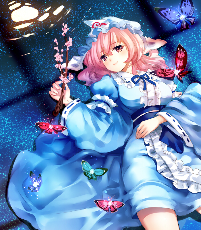 1girl bangs blue_butterfly blue_kimono blue_ribbon blush breasts bug butterfly cherry_blossoms cowboy_shot eyebrows_visible_through_hair full_moon gradient_eyes gradient_hair hair_between_eyes hat holding_branch in_water insect japanese_clothes kimono long_sleeves looking_at_viewer lying medium_breasts medium_hair mob_cap moon multicolored multicolored_eyes multicolored_hair nagare night night_sky obi on_back pink_butterfly pink_eyes pink_hair reflection reflective_eyes ribbon ribbon-trimmed_collar ribbon-trimmed_sleeves ribbon_trim ripples saigyouji_yuyuko sash sideways_glance sky smile solo star_(sky) starry_sky touhou tree_branch triangular_headpiece veil wide_sleeves window_shade