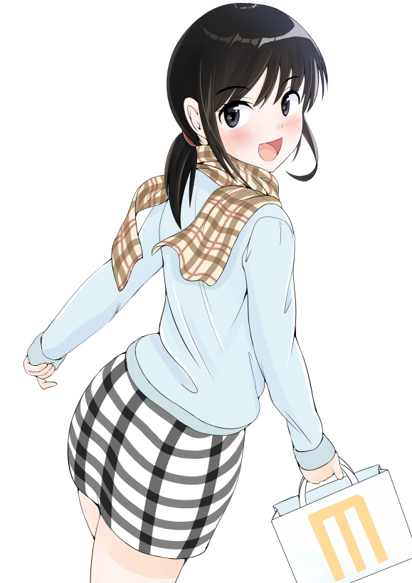 1girl bag black_eyes black_hair blue_sweater commentary_request cowboy_shot eyebrows_visible_through_hair from_behind fubuki_(kantai_collection) hiyama_izumi_(wttdh) kantai_collection low_ponytail open_mouth pencil_skirt plaid plaid_scarf plaid_skirt ponytail scarf shopping_bag short_ponytail sidelocks simple_background skirt smile solo sweater white_background