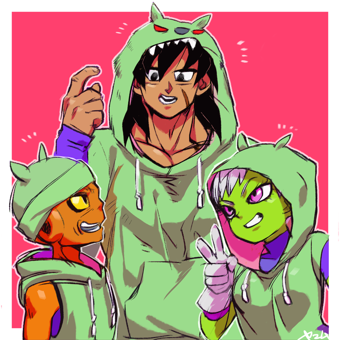 +++ 1girl 2boys bah_(dragon_ball) bah_(dragon_ball)_(cosplay) black_eyes black_hair border broly_(dragon_ball_super) cheelai clenched_teeth commentary_request cosplay dragon_ball dragon_ball_super_broly fingernails gloves green_hat green_jacket grin hat height_difference hood hood_down hood_up hooded_jacket jacket lemo_(dragon_ball) looking_at_another looking_up multiple_boys open_mouth pink_background pointing pointing_at_self profile scar sharp_teeth signature simple_background sleeveless sleeveless_jacket smile teeth toraiaruka v violet_eyes white_border white_gloves white_hair wristband