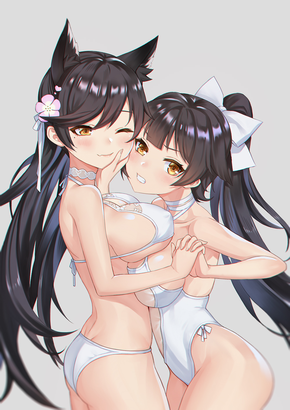 2girls animal_ears atago_(azur_lane) azur_lane bikini black_hair breast_rest breasts choker clenched_teeth cowboy_shot dimples_of_venus eyebrows_visible_through_hair fang_out from_side grey_background hair_flaps halterneck hand_holding hand_on_another's_face highres interlocked_fingers large_breasts long_hair looking_at_viewer mole mole_under_eye multiple_girls one-piece_swimsuit one_eye_closed ponytail sideboob simple_background smile swimsuit takao_(azur_lane) teeth very_long_hair white_bikini white_swimsuit yellow_eyes ziko