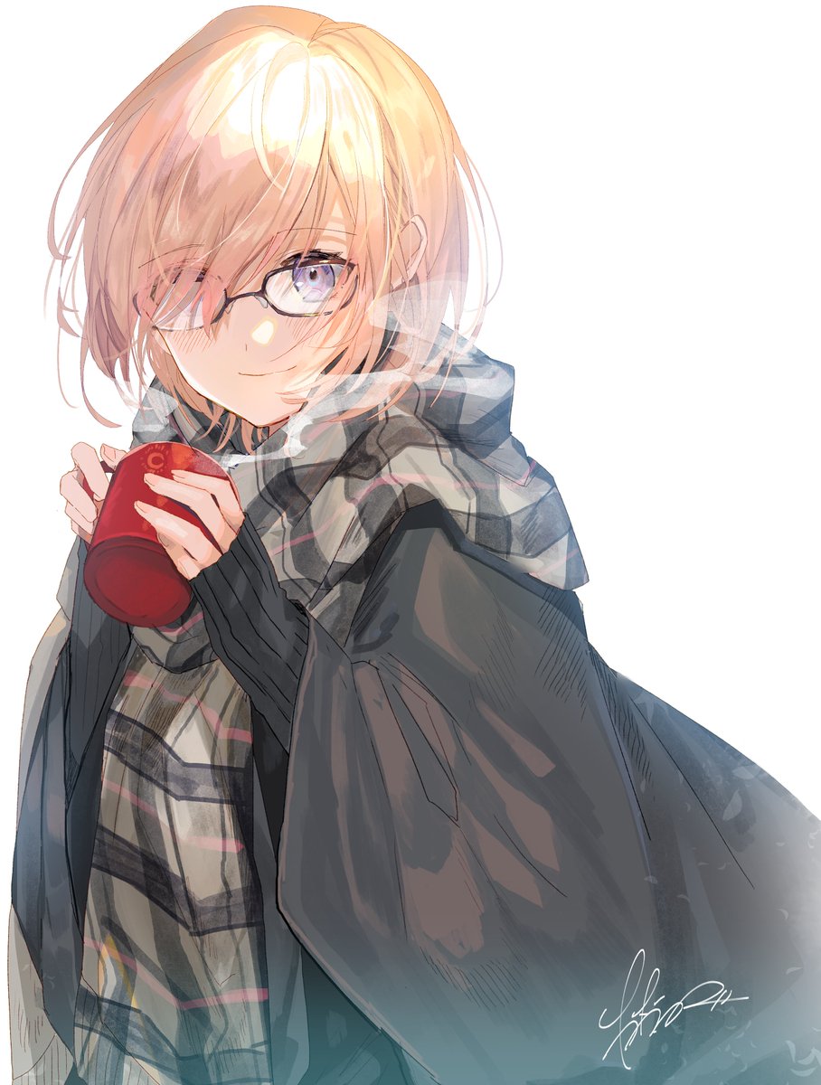 1girl alternate_hair_color black-framed_eyewear black_sweater blanket blonde_hair blush brown_scarf closed_mouth coffee_mug cup fate/grand_order fate_(series) glasses hair_over_one_eye hands_up highres holding holding_cup long_sleeves looking_at_viewer mash_kyrielight mug nishikiya plaid plaid_scarf ribbed_sweater scarf short_hair sidelocks signature simple_background sleeves_past_wrists smile solo steam sweater upper_body violet_eyes white_background