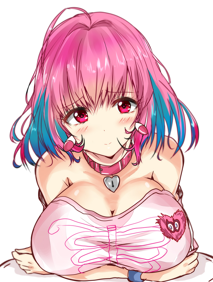 1girl ahoge bangs bare_shoulders blush bracelet breast_hold breasts cleavage closed_eyes closed_mouth collar commentary earrings haru_(nature_life) heart idolmaster idolmaster_cinderella_girls jewelry large_breasts looking_at_viewer multicolored_hair off-shoulder_shirt off_shoulder pill_earrings pink_eyes pink_hair print_shirt shirt short_hair skeleton_print smile solo tareme two-tone_hair upper_body white_shirt yumemi_riamu