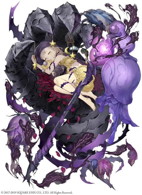 1girl barefoot blonde_hair bloomers briar_rose_(sinoalice) closed_eyes fetal_position flower frills full_body giant_hand hat ji_no mobile nightcap official_art petals sinoalice sleeping solo square_enix staff stuffed_toy underwear white_background