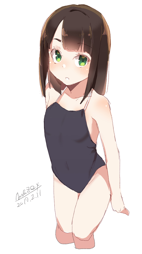 1girl bangs bare_arms bare_shoulders black_swimsuit blush brown_hair collarbone competition_school_swimsuit covered_navel cropped_legs dated eyebrows_visible_through_hair green_eyes long_hair looking_at_viewer maze_(gochama_ze_gohan) one-piece_swimsuit original parted_lips signature simple_background solo swimsuit white_background