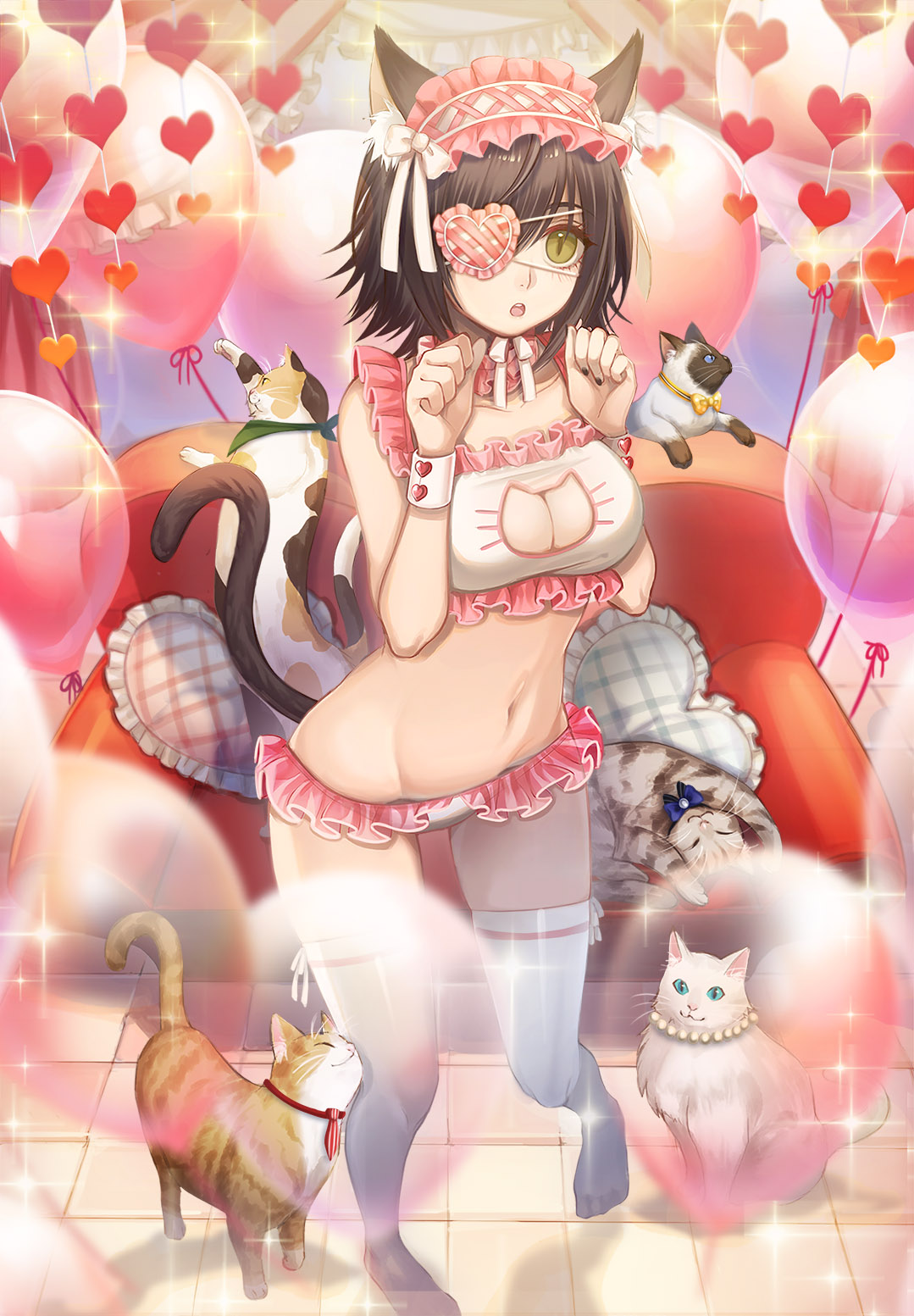 1girl animal animal_ear_fluff animal_ears balloon black_hair breasts cat cat_cutout cat_ears cat_tail cleavage_cutout commentary couch eyepatch frilled_pillow frills green_eyes hairband hands_up heart heart_eyepatch heart_pillow highres kichannico lolita_hairband looking_at_viewer medium_breasts navel open_mouth original paw_pose pillow slit_pupils solo sparkle stomach tail thigh-highs white_legwear wrist_cuffs