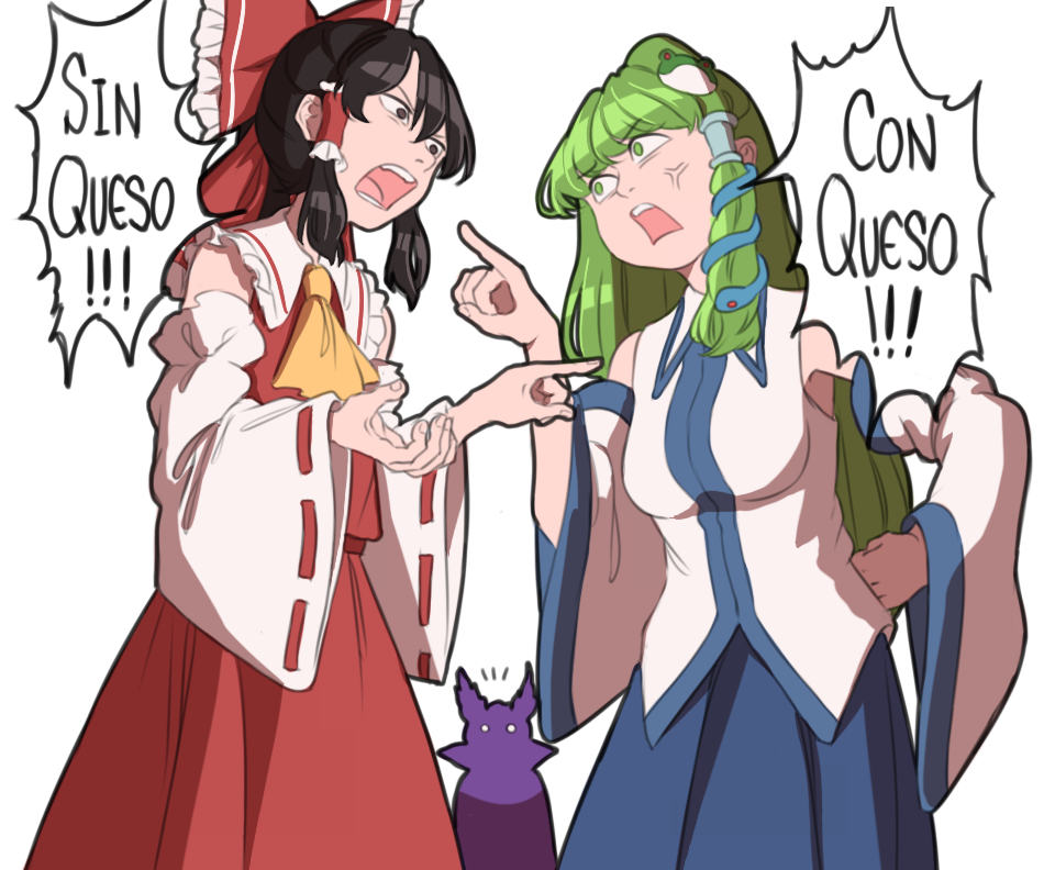 3girls anger_vein angry ascot bow breasts brown_eyes brown_hair commentary_request cowboy_shot detached_sleeves eyebrows_visible_through_hair frills frog_hair_ornament green_eyes green_hair hair_between_eyes hair_bow hair_ornament hair_tubes hakurei_reimu hand_on_hip kochiya_sanae long_hair mefomefo multiple_girls nontraditional_miko o_o open_mouth pointing pointy_hair short_hair silhouette simple_background skirt skirt_set snake_hair_ornament spanish_commentary spanish_text text_focus touhou toyosatomimi_no_miko translation_request white_background wide_sleeves