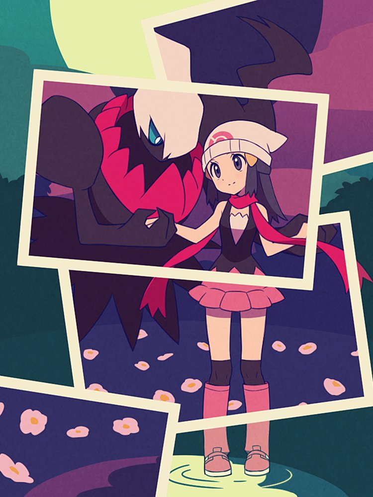 agata_(agatha) beanie black_eyes black_hair blue_eyes breasts closed_mouth creature creatures_(company) darkrai flower game_freak gen_4_pokemon hat hikari_(pokemon) holding_hand nintendo pokemon pokemon_(creature) pokemon_(game) pokemon_dppt red_scarf scarf small_breasts smile water white_hat wind