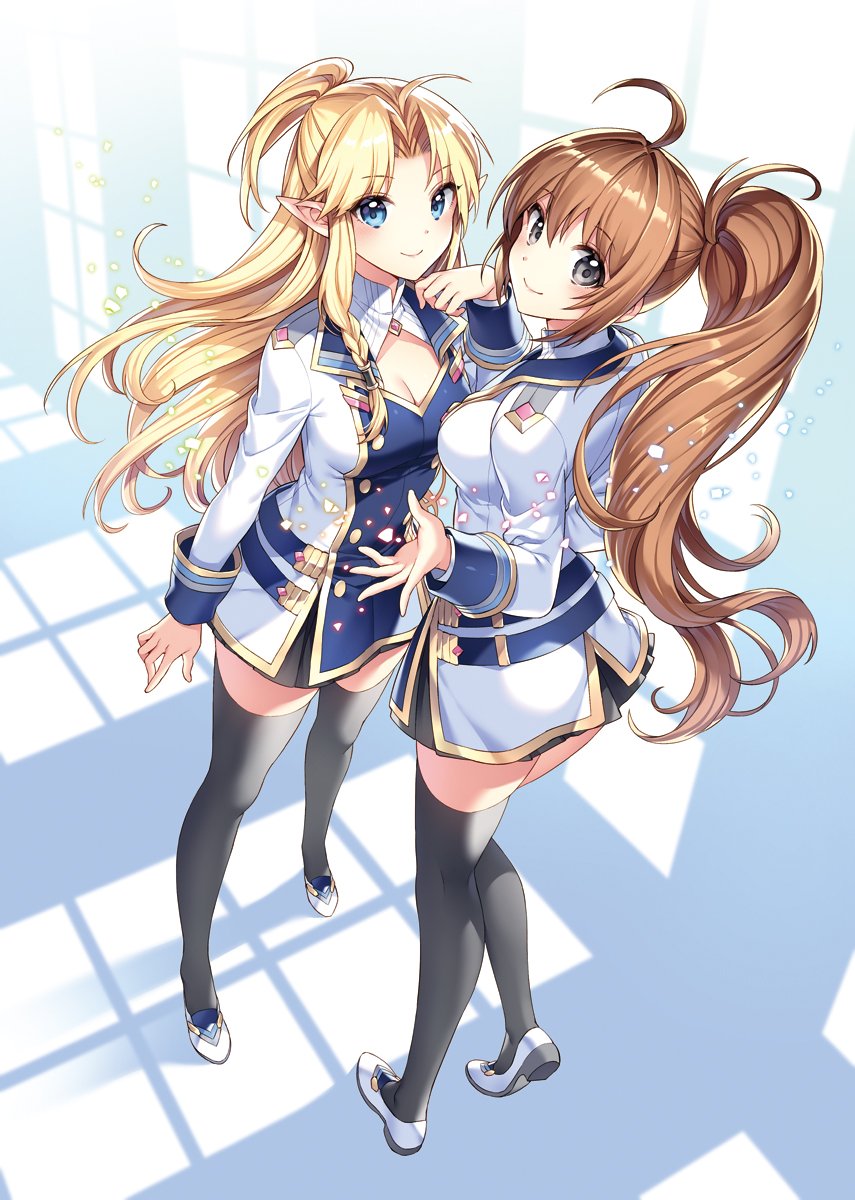 2girls bangs black_legwear blonde_hair blue_eyes braid breasts brown_hair cleavage closed_mouth commentary_request detached_sleeves eyebrows_visible_through_hair full_body grey_eyes hand_up highres isekai_cheat_magician long_hair long_sleeves looking_at_viewer looking_back medium_breasts multiple_girls nardack official_art pointy_ears ponytail shiny shiny_hair shoes sidelocks simple_background skirt smile thigh-highs uniform zettai_ryouiki